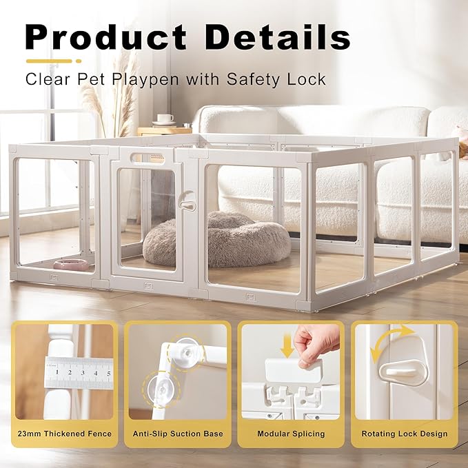 Clear Acrylic Dog Playpen Indoor, Puppy Cat Playpen, Small Pet Play Pen (White, 4 Panel)