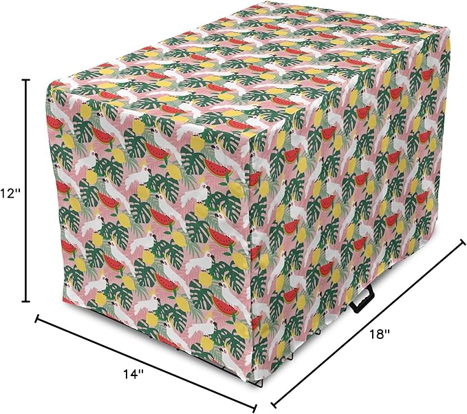 Ambesonne Summer Dog Crate Cover, Cockatoo Parrot in Exotic Forest Watermelon Slices Monstera Lemons Pattern, Easy to Use Pet Kennel Cover for Small Dogs Puppies Kittens, 18 Inch, Rose and Multicolor
