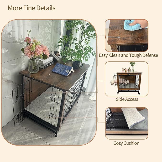 Dog Crate Furniture for Small Dogs, Decorative Wooden Dog Kennel Cage House Indoor for Puppy Pet with Tray Cushion Foldable Top, Storage Playpen, End Side Table,Small,25" L,Rustic Brown