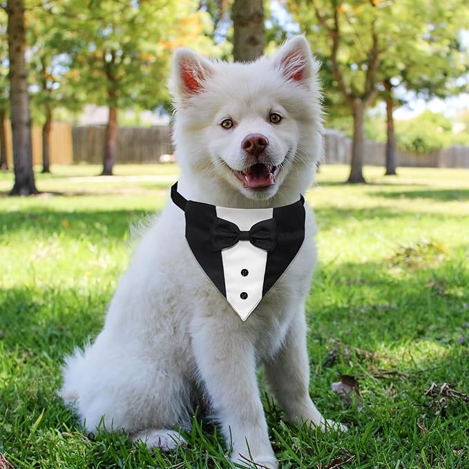 Dog Tuxedo Suit Wedding Bandana Collar with Bow Tie, Adjustable Formal Dog Tux, Engagement Birthday Tuxedo for Small Medium Large Dogs Pets (Small: Neck 12.5”-21”)