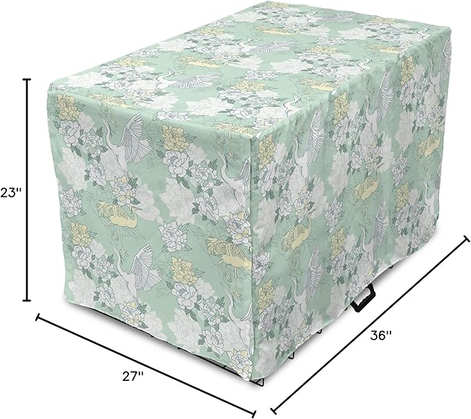 Lunarable Traditional Dog Crate Cover, Japanese Cranes Peonies Cultural Aspects Symbolic of Happy Life, Easy to Use Pet Kennel Cover for Medium Large Dogs, 36 Inch, Avocado Green Pale Green