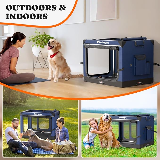 Collapsible Dog Crate: 42 Inch Foldable Soft Sided Dog Crate for Extra Large Dogs, Portable Dog Travel Kennel with Soft Mat for Indoors & Outdoors, Blue