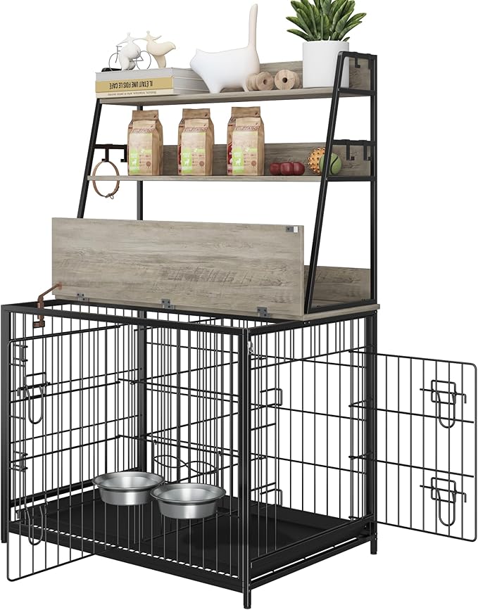 GAOMON Modern Dog Crate with Storage Shelves, Wooden Kennel with Removable Tray, Double Doors, Indoor Dog House with Two Adjustable Bowls, End Table Design, Grey
