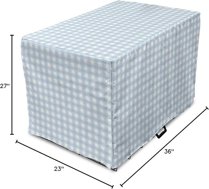 Lunarable Plaid Dog Crate Cover, Geometrical Striped Old Fashioned Pattern Pastel Colors Country, Easy to Use Pet Kennel Cover for Medium Large Dogs, 36 Inch, Pale Blue Yellow White