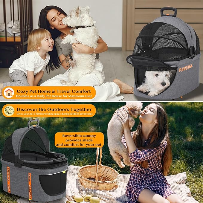 PAWZIDEA Portable Small Dog Crate for Car Travel, Enclosed Pet Car Seats for Small/Medium Dogs & Cats, Reversible No-Zip Canopy, Soft-Sided Pet Carrier Cage, Collapsible Travel Dog Kennel, Chew-Proof