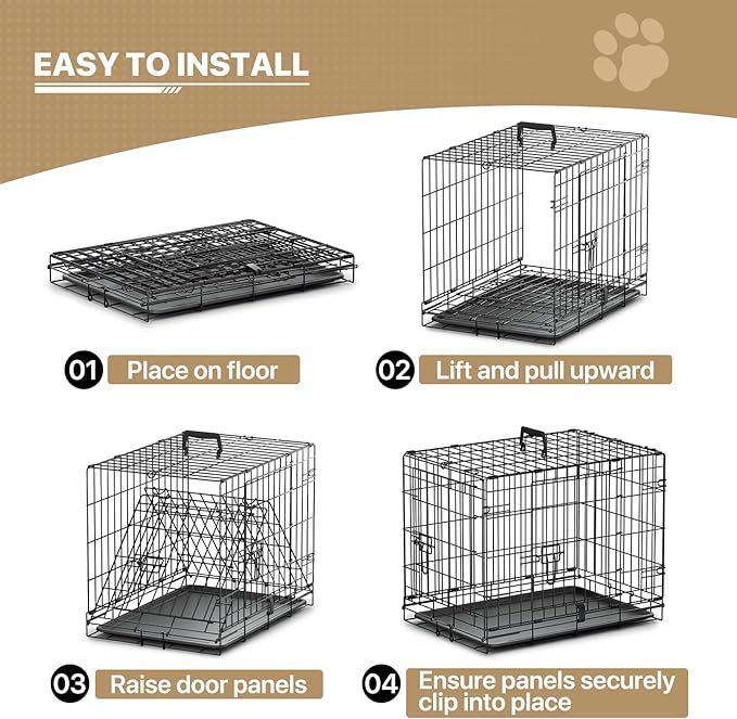 MoNiBloom 24/30/36/42/48 Dog Crates, Foldable Metal Wire Dog Cage with Double-Door, Outdoor Indoor Pet Kennels, Includes Leak-Proof Pan, Divider Panel, Black, 24"