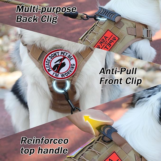 No Pull Tactical Dog Harness for Small Dogs, Escape Proof Molle Dog Vest Harness and Leash Set, Adjustable Military Service Dog Harness with Handle for Medium Large Dogs(Brown, Small)