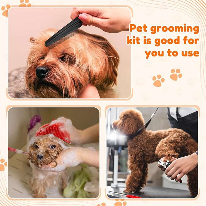 Baderke 8 Pc Pet Grooming Kit - Dematting Comb, Detangling Brush, Rake, Bath Brush, Nail Clipper & File for Dogs & Cats