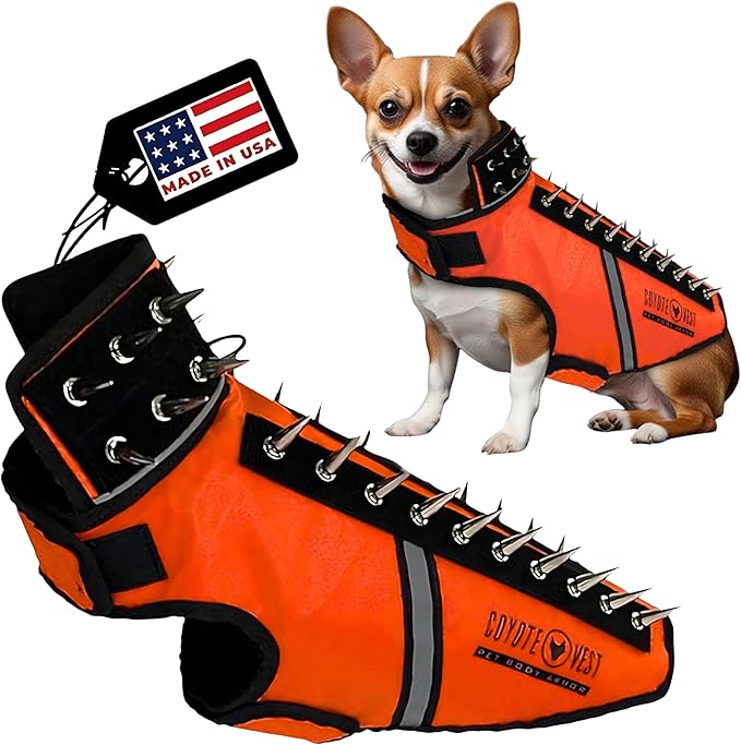 CoyoteVest SpikeVest Dog Harness Vest for Small Dogs, Reflective Dog Vest with Spikes to Shield Your pet from Coyotes, Raptor and Animal Attacks, Anti Hawk Vest, Made in USA (S-Fluorescent Orange)
