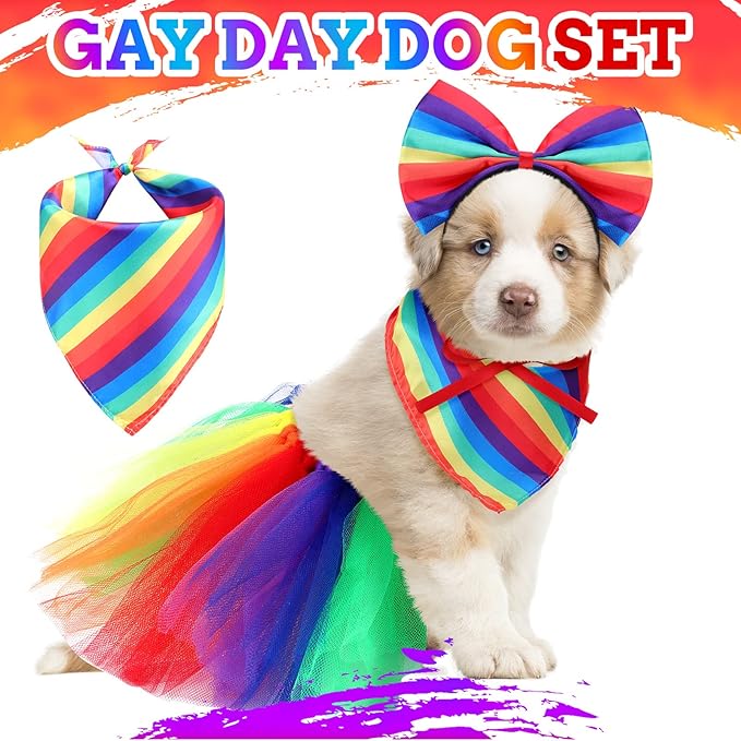 Amylove Dog Rainbow Bandana 3 Pcs Gay Pride Pet Costume Set Includes Bowknot Rainbow Headband Handkerchief and Cute Dog Tutu Pride Accessories for Small Medium Pets Dress Party