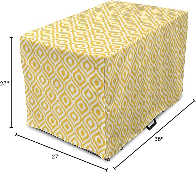 Lunarable Yellow Dog Crate Cover, Geometric Pattern with Ogee Shapes Waves and Curves Design Modern Boho Print, Easy to Use Pet Kennel Cover for Medium Large Dogs, 36 Inch, Yellow and White