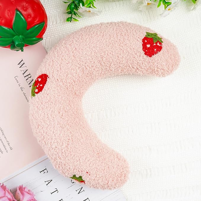 Lystaii Cat Calming Pillow for Indoor Pet Cat Dog Pillow Soft Fluffy Cat Bed Pillow Dog Neck Pillow Pet Toy Half Donut Anxiety Relief Pet Pillow with Cute Embroidery Pattern (Pink, Strawberry)