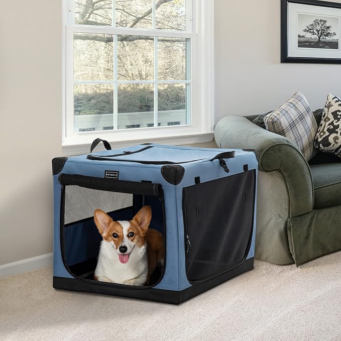 PETSFIT Collapsible Dog Crate, with Patented Adjustable Fabric Cover, Chewproof & Lockable Mesh Doors, Waterproof Base Soft Kennel Blue 30 Inch