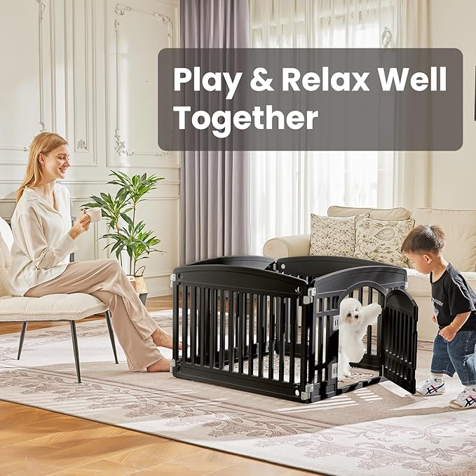 Dog Playpen 4-Panel 24" | Safe & Secure Indoor/Outdoor Pet Fence | Folding & Portable |35 x 35 x 24IN, Ideal for Small to Medium Dogs | Easy to Clean (Black)