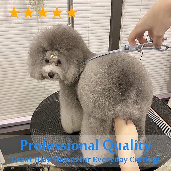 JASON 7" Curved Dog Grooming Scissors, Ergonomic Pets Cats Trimming Shears with Offset Handle and a Jewelled Screw for Right Handed Groomers, Sharp, Comfortable