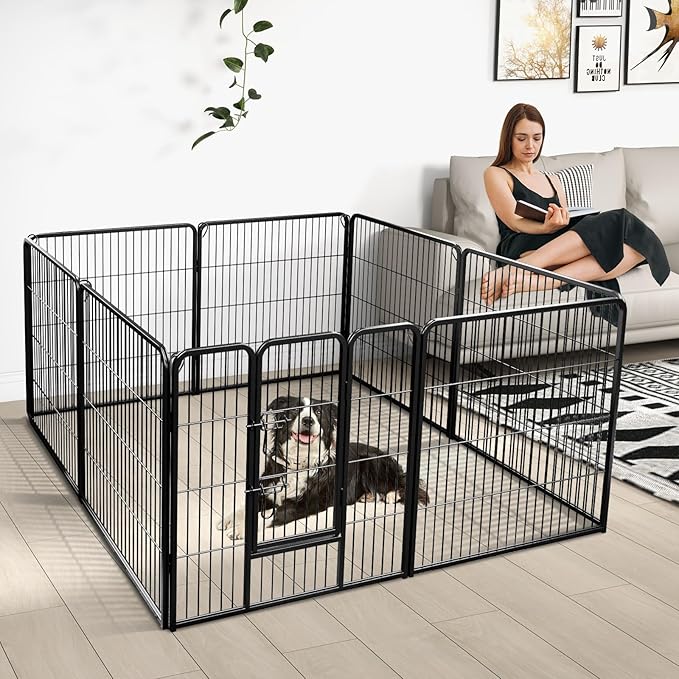 Giantex Dog Playpen Outdoor 32" H - 8 Panels Metal Pet Fence for Medium Dogs, 20.5ft Total Length, Heavy Duty Dog Pen Exercise Fence with Door, Portable Dog Fence Outdoor for Yard Garden RV Camping