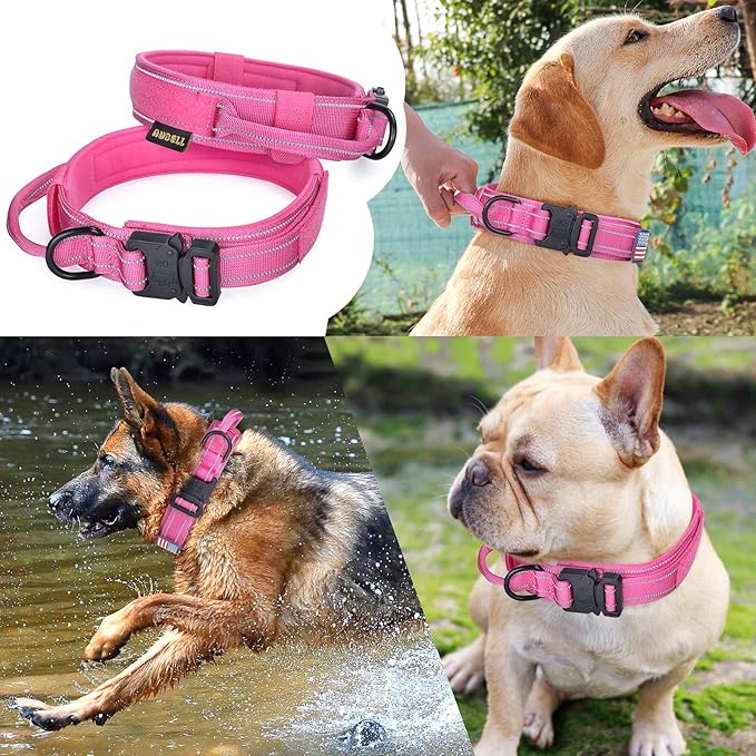 AUBELL Reflective Dog Collar, Tactical Dog Collar Adjustable Military Nylon Collars with Handle and Heavy Duty Metal Buckle for Medium Large Dogs, with 2 Patches and Airtag Case Holder (Pink, XL)