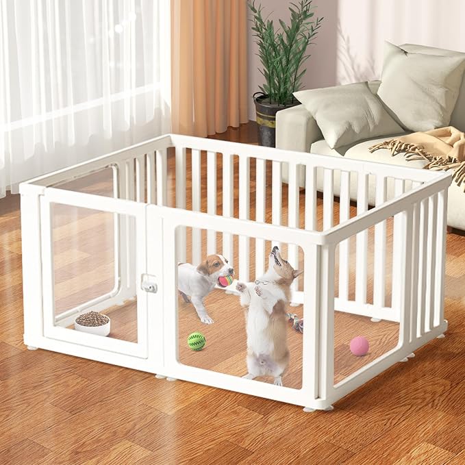 Dog Fence Pet Playpen, Clear Dog Playpen, Easy to Install and Remove Dog Playpen and Kennel Playpen, Suitable for Dogs, Cats, Rabbits, Indoor pet playpen with Transparent Panels(10 Panel)