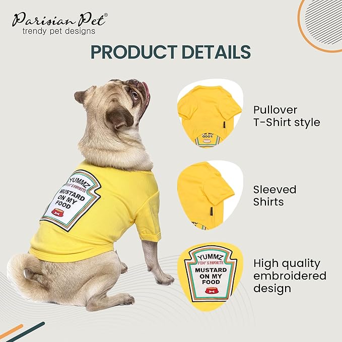 Parisian Pet Dog Shirt - Embroidered ?œMustard on My Food??- 100% Cotton and Polyester Dog Clothes - Sleeved, Lightweight Costume for Dogs - Yellow Dog Shirts for Small Dogs - Pet Costumes - S