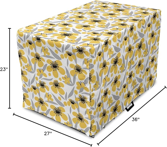 Ambesonne Floral Dog Crate Cover, Minimalistic Graphic Drawing of Yellow Flowers Pattern, Easy to Use Pet Kennel Cover for Medium Large Dogs, 36 Inch, Pale Taupe Charcoal Grey