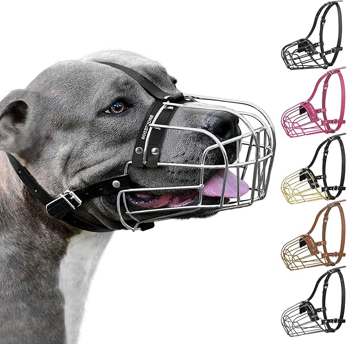 BRONZEDOG Pitbull Dog Muzzle Metal Mask Amstaff Wire Basket Pit Bull Adjustable Leather Straps for Large Dogs (Steel)