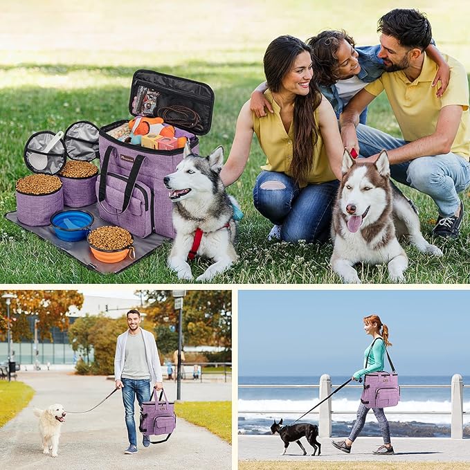 Modoker Dog Travel Organizer Carriers for Supplies & Accessories, Airline Approved Dog Cat Pet Travel Bag, 2 Collapsible Dog Bowls, 2 Travel Dog Food Container, Purple