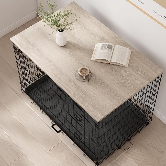 Piskyet Dog Crate Topper Wood Countertop for 48 42 36 30 24 inch Dog Cage, Dog Crate Cover,Dog Kennel Topper(Crate Not Include) (Grey, for 24 Inch Crate)