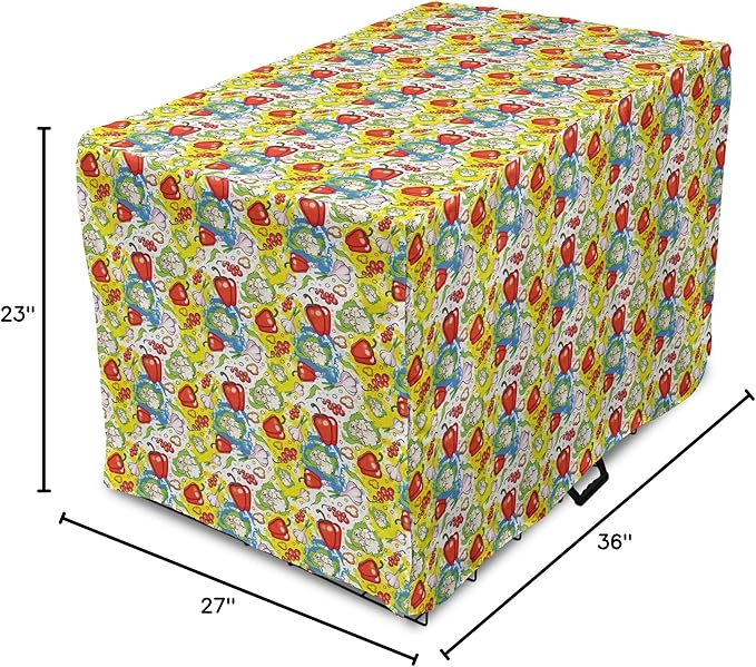 Lunarable Vegetables Dog Crate Cover, Ornate Food Garlic Pepper Cauliflower Delicious Plants Image, Easy to Use Pet Kennel Cover for Medium Large Dogs, 36 Inch, Lime Green Yellow