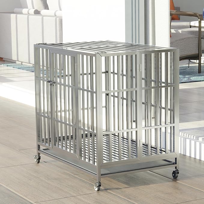 37" 42" 48" Heavy Duty Dog cage Stainless Steel Metal Kennel and Crate, Collapsible for Medium to Large Dogs, Easy to Assemble pet Pen with Four Lockable Wheels, Black Tray (37in)