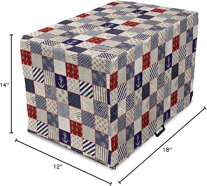 Lunarable Geometric Dog Crate Cover, Checkered Pattern Pale Nautical Design Elements Grunge Effect, Easy to Use Pet Kennel Cover for Small Dogs Puppies Kittens, 18 Inch, Navy Blue Beige