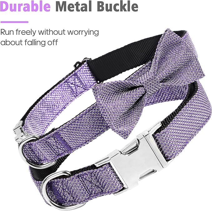Dog Collar with Bow for Small Medium Large Dogs, Cute Bling Dog Bow Tie Collar with Metal Buckle, Soft & Durable for Medium Dogs Walking (Purple, M)