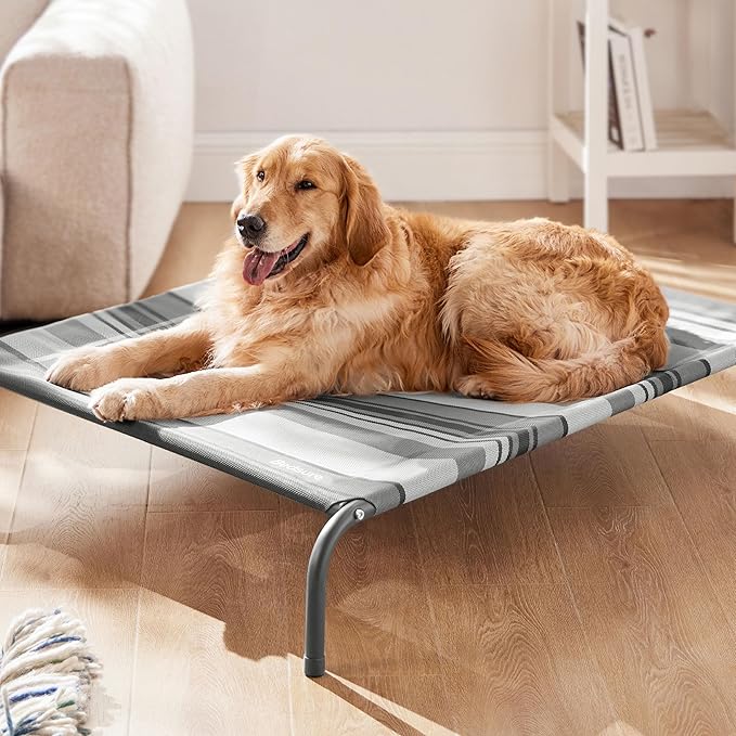 Bedsure Large Elevated Cooling Outdoor Dog Bed - Raised Dog Cots Beds for Large Dogs, Portable Indoor & Outdoor Pet Hammock Bed with Skid-Resistant Feet, Breathable Mesh, Striped Grey, 49 inches