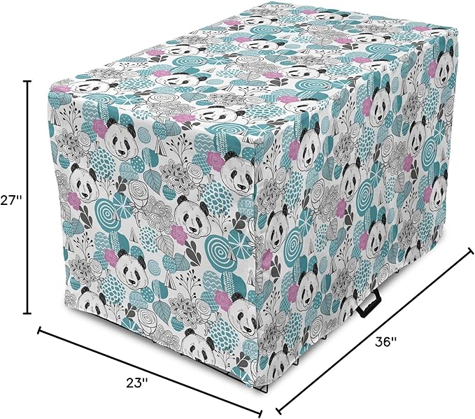 Lunarable Panda Dog Crate Cover, Portraits of Chinese Bears on Sketch Flowers and Abstract Circular Shapes, Easy to Use Pet Kennel Cover for Medium Large Dogs, 36 Inch, Slate Blue Pink Grey