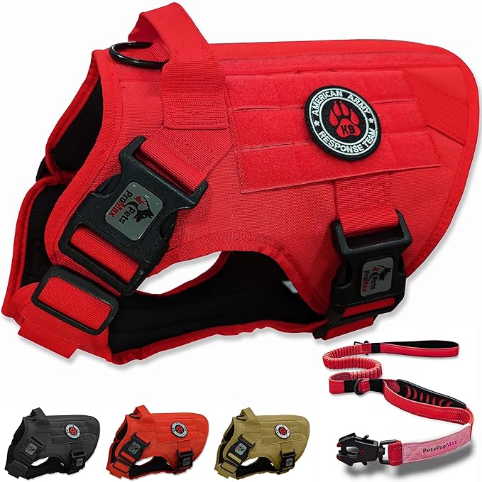 Tactical Dog Harness with Tactical Dog Leash Bundle for Extra Large Dogs; Military Style Tactical Dog Vest and Bungee Dog Leash with Car Seat Buckle | No-Pull Dog Vest and Leash Red XL