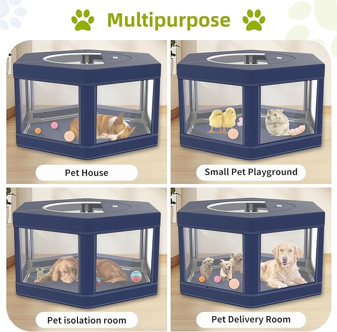 Dog Playpen 45x45 Inch, Hexagonal Type Puppy PlayPen with Gate for Puppies, Cat, Pet PlayPen with Roof for Outdoors & Indoors, Thickened Fabric, Safe & Sturdy Dog Fence