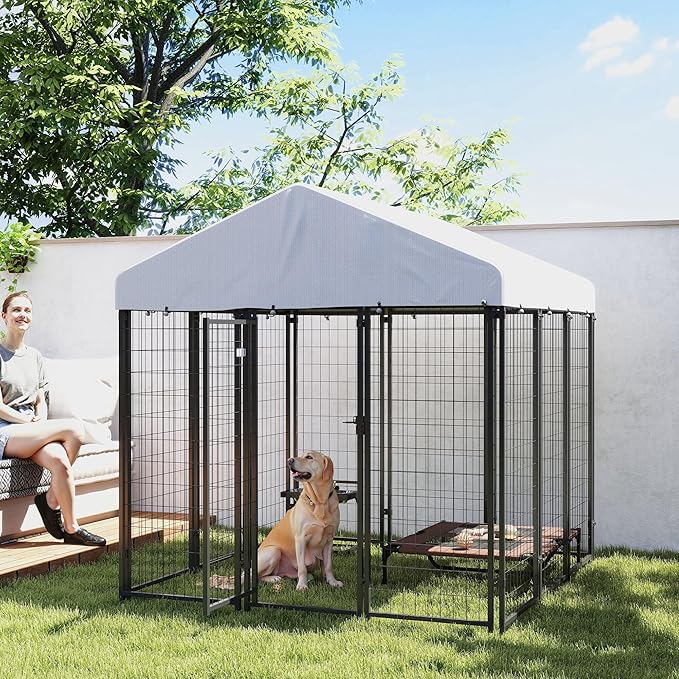 PawHut Outdoor Dog Kennel with Roof, 6' x 6' x 6' Heavy Duty Welded Wire Dog Playpen Enclosure with Escape-Proof Lock, UV-Resistant & Waterproof Cover, for Large Dogs, Silver