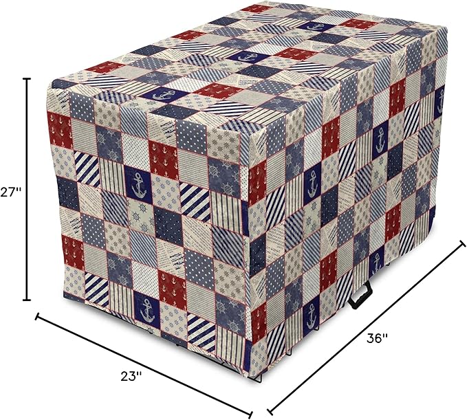 Lunarable Geometric Dog Crate Cover, Checkered Pattern Pale Nautical Design Elements Grunge Effect, Easy to Use Pet Kennel Cover for Medium Large Dogs, 36 Inch, Navy Blue Beige
