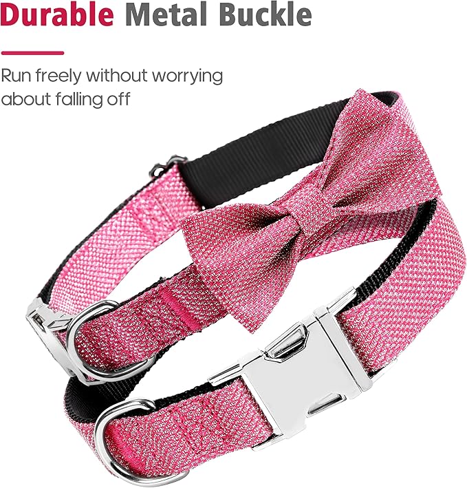 Dog Collar with Bow for Small Medium Large Dogs, Cute Bling Dog Bow Tie Collar with Metal Buckle, Soft & Durable for Small Dogs Walking (Dark Pink, S)