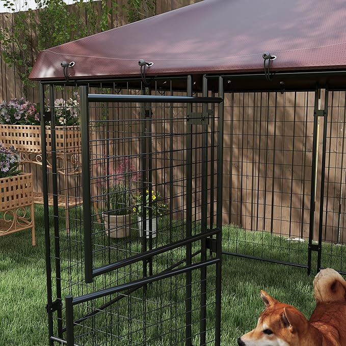 PawHut 4.6' x 5' Dog Kennel Outdoor with Waterproof Cover, Dog Playpen for Small and Medium-Sized Dogs with Two Part Door Design, Brown