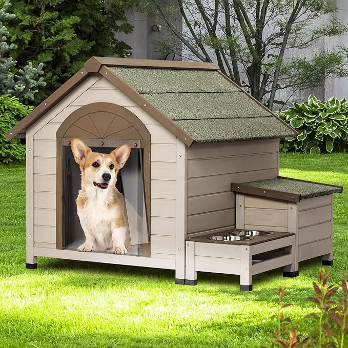 Outdoor Fir Wood Dog House,Elevated Feeding Table Dog Crate with 2 Bowls,Open Room Door Top Dog Kennel with Storage Box and Plastic Door Curtain,Rain and Wind Proof Cage,for Doggy,Pets,Cream