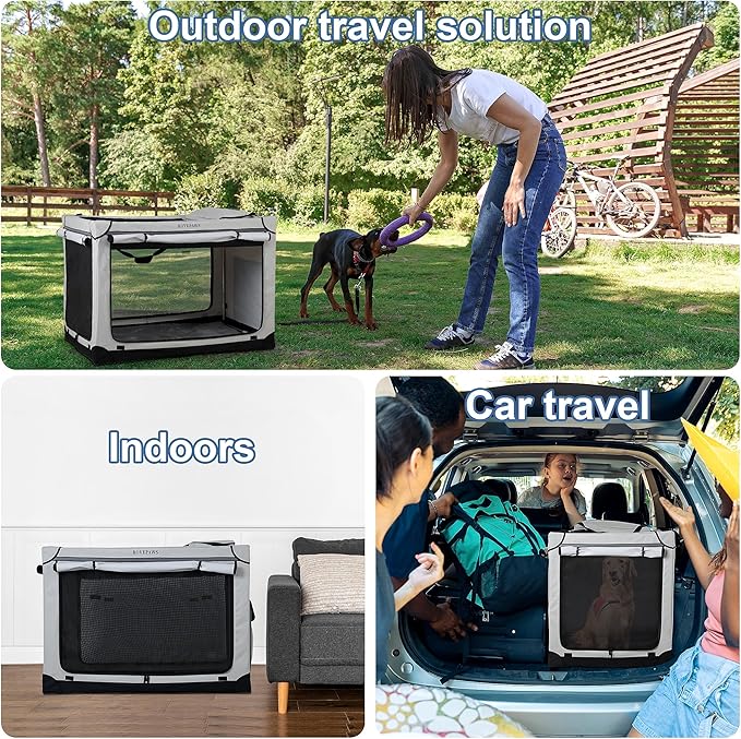 Soft Collapsible Dog Crate - 48 Inch Portable Travel Crate with Extra Space Indoor & Outdoor, 4-Door Foldable Pet Kennel with Durable Mesh Windows, Light Gray