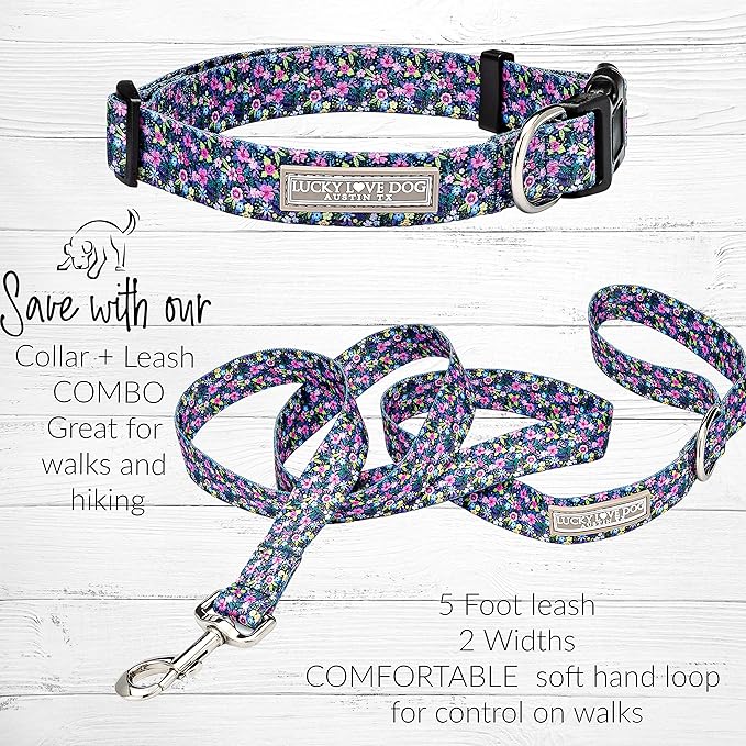 Lucky Love Dog, Comfortable, Soft, Cute Female Dog Collar for Tiny Dogs, Black & Purple Floral Print, Adjustable Nylon Collar, Primrose, XS