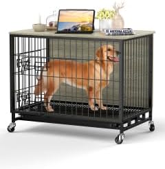 Dog Crate Furniture, Dog Kennel Indoor Double Doors Wooden Dog Cage, 38'' Dog Crate with Pull-Out Tray & Removable Wheels, Decorative End Table Pet House Chew-Resistant for Large Dog, Rustic Grey
