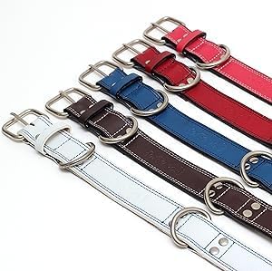Genuine Leather Dog Collars with Stainless Steel Buckle and Double D Rings– Unbreakable! (18"-21", Tan)