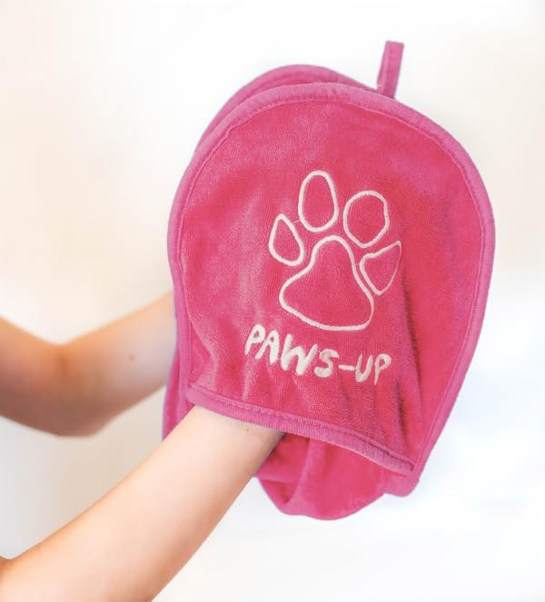 Paws-up Paw Cleaning Towel for Dogs removes mud Dirt Grass Sand allergens Machine Washable Microfiber Also Great for a Quick Dry Puppy Bath Towel with Two Hand Pockets for Control. 25.5” X 9” Pink