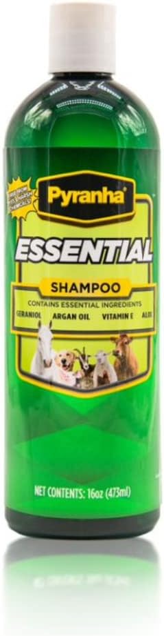 Pyranha Essential Shampoo - with Geraniol, Argain Oil, Vitamin E, Coconut Oil, and Aloe Vera - Die & Paraben Free, Long Lasting Smell, Biodegradable - Shampoo for Horse, Dogs, Cats, and More - 16 OZ