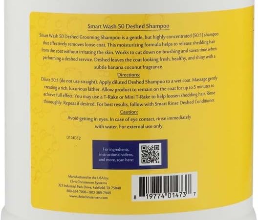 Chris Christensen SmartWash50 Deshed Ultra Concentrated Dog Shampoo, Makes up to 50 Bottles, Groom Like a Professional, Removes Shedding Coat, Adds Moisture, Made in USA, 1 gal
