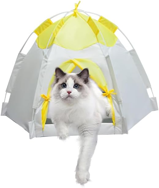 Outdoor Pet Curtain Camping Tent, Pop up Cave Bed for Indoor Cats and Small Dogs, Portable Cat House Dog House, Yellow.