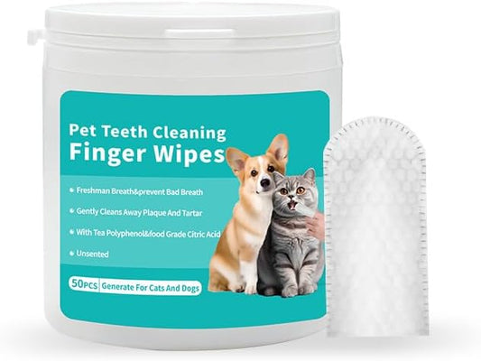 coldchill Pet Teeth Cleaning Finger Wipes, Remove Bad Breath by Removing Plaque and Tartar Buildup, No-Rinse Dogs & Cats Finger Toothbrush, Disposable Gentle Cleaning Care Pet Wipes, 50 Counts