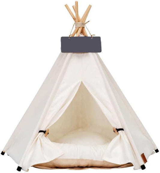 Dog Teepee Bed Cat Tent Portable Houses Pet Puppy with Thick Cushion (M:Size fits 9kg/20lbs (Pets))